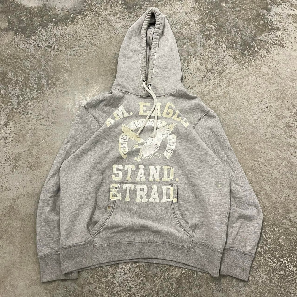 Vintage American Eagle Hoodie Mens XL Gray Grunge Y2K Heavyweight Pullover